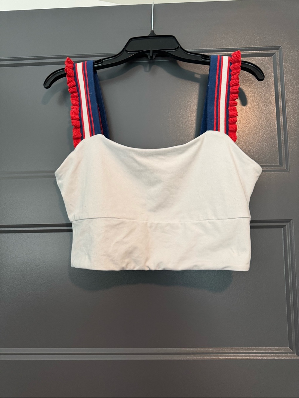 White Crop Tank Top with Red & Blue Striped Ruffled Straps